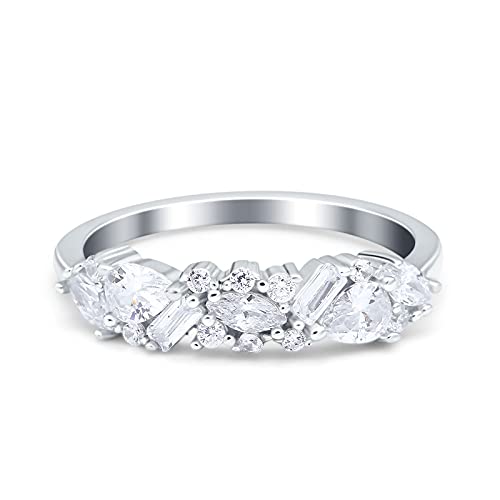 Blue Apple Co. Art Deco Half Eternity Band Pear Marquise Baguette Wedding Band Ring Bridal Simulated Cubic Zirconia 925 Sterling Silver