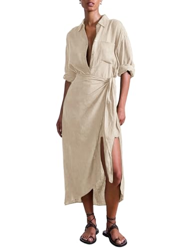 Yeokou Women Cotton Linen Wrap Shirt Maxi Dress Button Down Long Sleeve Lapel Asym Slit Hem Sundress(Khaki-M)