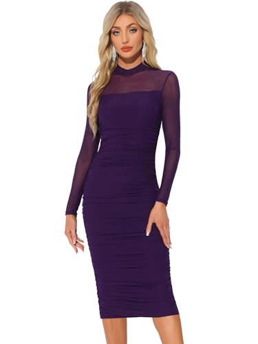 Image of Allegra K Mesh Dress for Women Long Sleeve Mock Neck Ruched Bodycon Dresses | Ruched, Lightweight Stretchy Mesh Sheer, Evening, Cocktail, Party Club