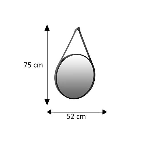 Espelho Decorativo Adnet Preto Alça Corino Preta 50 Cm De Redondo
