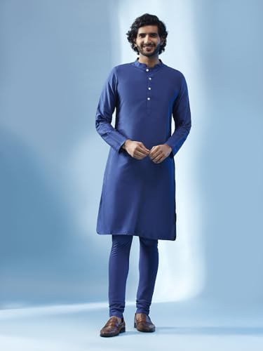 Image of KISAH Men's Kurta Jacket Churidar Set, Sea Green Art Silk, Embroidered Long Sleeves Regular Fit Mandarin Collar