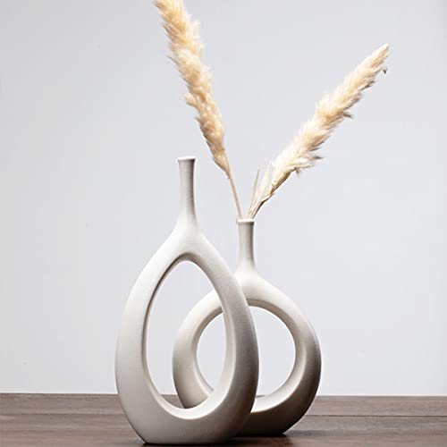 XIUWOUG Vases Blanc en Céramique Vase à Fleurs Creux en Beignet Vase Décoratif pour la Décoration de Bureau à Domicile (Vase Seulement),White2 Cover