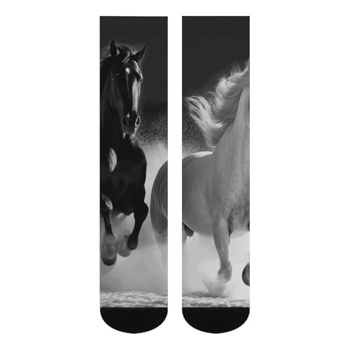 Socks for Women Men Black And White Horses Cotton Sock Breathable Boot Socks Warm Calf Socks for Hiking Work Crew Socks 18.1in4