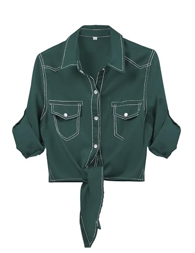 Image of Omoone Wome Crop Modern Denim Top Tie Knot Shirt Chambray Cardigan | Roll Up 3 /4 Sleeve, Button Down, Tie Front Blouse, Western Cowgirl Jean Shirts