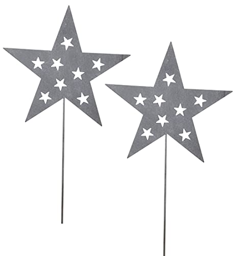ETC stimmungsvoller Garten-Stecker Stern am Stab Dekostern Weihnachtsstern Metall mit ausgelaserten Sternchen Preis für 2 Stück edelrostig oder hellgrau 2 x hellgrau Stern ca. 22 cm 62 cm Stab
