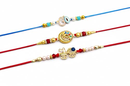 Image of Jaipur Ace Designer Kundan Rakhi with Lumba for Bhaiya Bhabhi | Premium Raksha Bandhan Thread for Brother & Sister-in-Law | Fancy Stone Work Bracelet with Tassel | Traditional Festival Gift (SET OF 3)