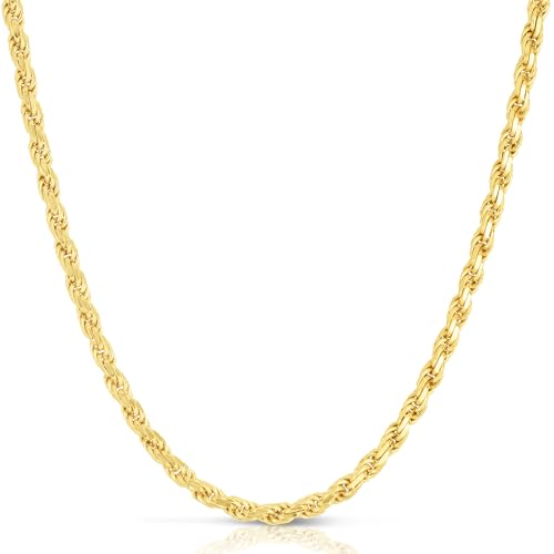 Next Level Jewelry Solid 14K Gold Vermeil Sterling Silver Rope Diamond-Cut Necklace Chains 1.5MM - 5.5MM, Gold Rope Chain Men Women, Gold Rope Necklace