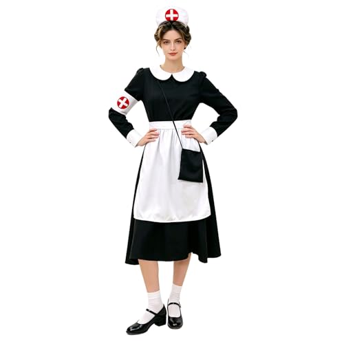 Robe d'infirmière pour femme avec tablier et capuche costume déguisement historique