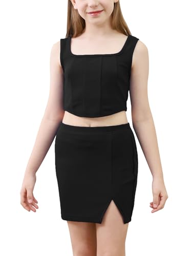 Image of GORLYA Girls Skirt Sets Sleeveless Casual Summer Crop Tank Tops and Bodycon Short Pencil Skirt 2PCS Outfit Clothes 6-14Y