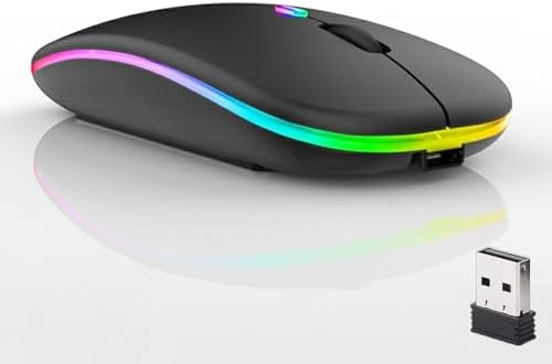 Guiheng Wireless Bluetooth Mouse,LED Dual Mode Rechargeable Silent Slim Laptop Mouse,Portable(BT5.2+USB Receiver) Dual Mode Computer Mice,for Laptop,Desktop Computer,ipad Tablet,Phone,TV (Black)