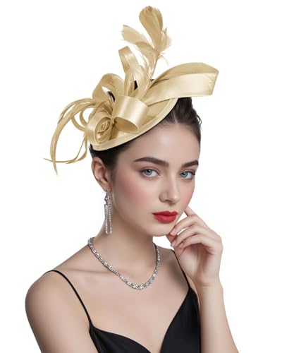 Century Star Fascinators Hats for Women Kentucky hat derbys Headband Tea Party Vintage Wedding Bridal Cocktail Ribbon Feathers Hair Clip Gold One Size