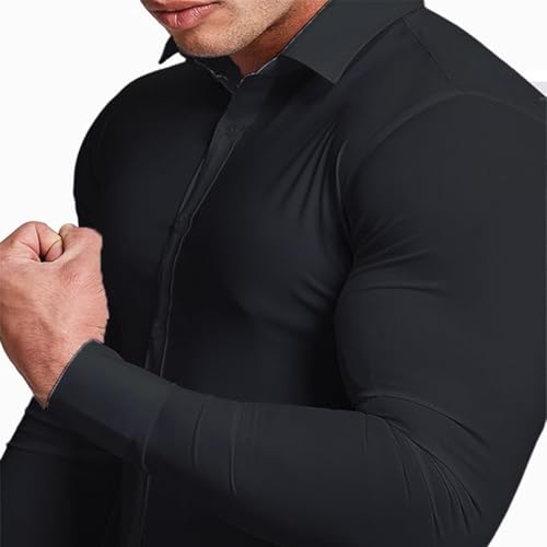 Fccrian Camisa de vestir para hombre, corte entallado, manga larga, informal, con botones, manga larga, Negro, S