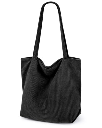 Lidxfeo Cord Tasche Damen, Wiederverwendbare Shopper Umhängetasche, Große Kapazität Tote Bag Aesthetic, Schultertaschen mit Reißverschluss und Innentasche, für Arbeit Einkaufen Schule Usw (Black)
