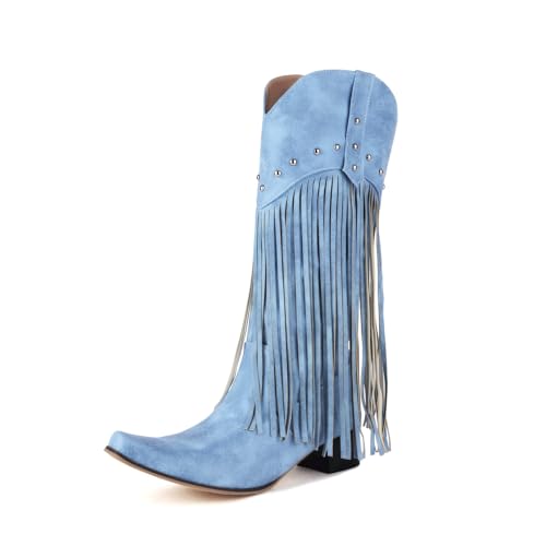 Bottes de cowboy à franges en daim bleu haut de gamme FGRID, finitions brodées et doublure hiver