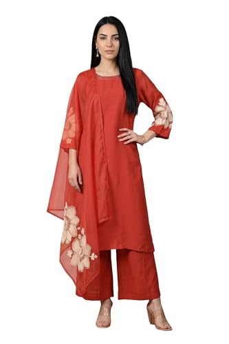 Kurta droite brodée ensemble pantalon évasé dupatta vêtement indien rouge femme L