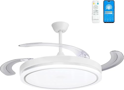 LEDUNI Ventilador de Techo LED con Aspas Retráctiles Control Remoto, 66W, 30W Motor DC+36W Luz 2880LM Luz Integrada, Color Blanco CCT 3000-4000-6000K Funcion verano e invierno (Blanco Olga)