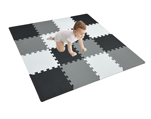 Image of 16 Pieces Foam Play Mat with Border, Interlocking Playmat Tiles, Foam Floor Mat Tiles, Puzzle Play Mats, Exercise Gym Mats – Color of Black & Grey & White