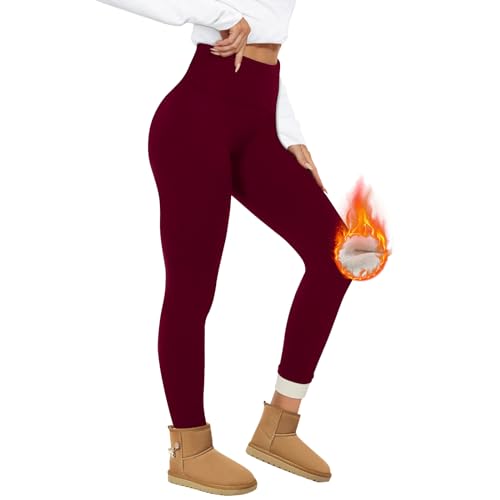 HIPOWER Thermo Leggings Gefüttert Damen Winter Verdickte Thermoleggins Warm Plüsch Fleece Leggins High Waist Blickdicht Thermostrumpfhose für Outdoor Freizeit（Weinrot,S