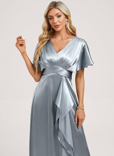 Image of Elegant Satin Bridesmaid Dress with Sleeves Ruffles High Silt Formal Dresses Long for Women Fall DIN022