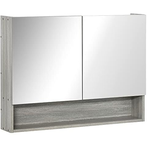kleankin Spiegelschrank Badspiegel Badschrank mit Zwei Türen und Ablage Hängeschrank Badezimmerspiegel Badmöbel Mehrzweckschrank Cover
