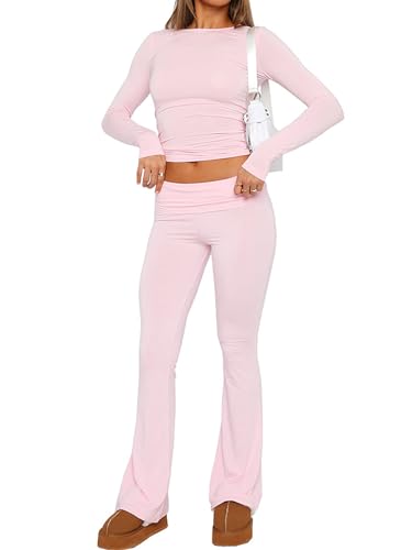 LSFYSZD Women Two Piece Outfits Long Sleeve Crop Top T-shirt + Fold Over Waist Flared Long Pants Sweat Suit Tracksuit Yoga Set (Pink, S) LSFYSZD Women Two Piece Outfits Long Sleeve Crop Top T-shirt + Fold Over Waist Flared Long Pants Sweat Suit Tracksuit Yoga Set (Pink, S)