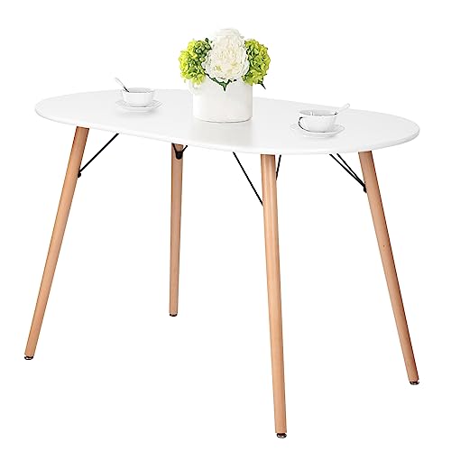 Moderna mesa de comedor ovalada de 47.2 pulgadas para 4-6 personas, mesa blanca funcional con patas de madera para el hogar, oficina, cocina, comedor, patio, espacios pequeños