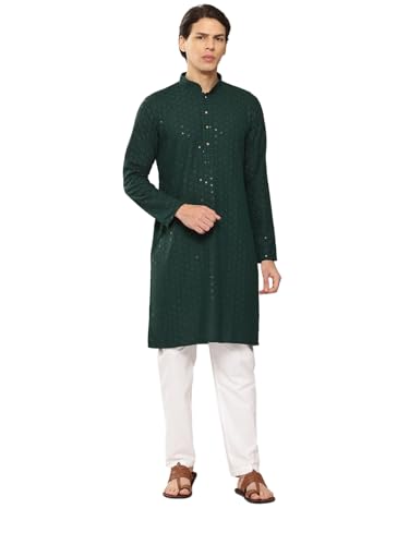 Image of See Designs Men's Long Sleeve Side Slit Embroidered Sequined Rayon Mandarin Collar Kurta