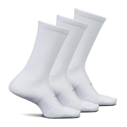 Feetures High Performance Max Cushion Classic Crew Sock for Women & Men - Moisture-Wicking Athletic Socks - White, Large (3 Pair)