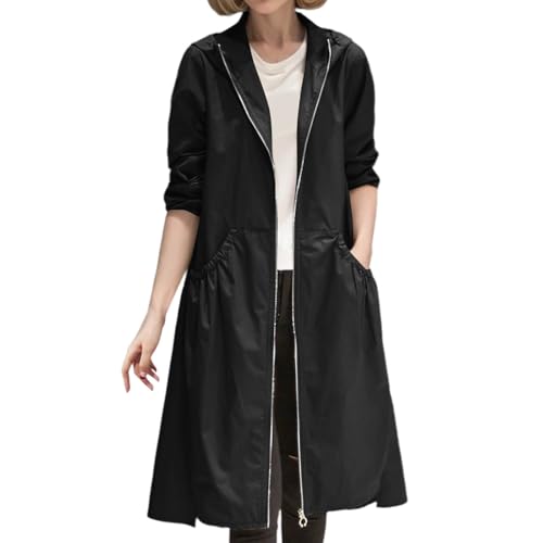Generisch Chaqueta cortavientos larga para mujer, chaqueta de entretiempo ligera, abrigo de trinchera, chaqueta fina holgada, chaqueta funcional con capucha, chaqueta de senderismo, Negro , 3XL
