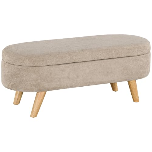 HOMCOM Banco Pie de Cama Puff Almacenaje con Patas de Madera y Asiento Acolchado Banco de Almacenamiento Ovalado Carga 120 kg para Entrada Pasillo Dormitorio Beige