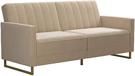 Novogratz Skylar Futon Sofa Bed in Velvet Fabric - 77 Inch Couch Sleeper with Industrial Modern Upholstery, Black Metal Legs, Ivory