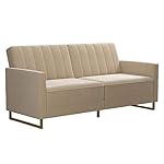 Novogratz Skylar Futon Sofa Bed in Velvet Fabric - 77 Inch Couch Sleeper with Industrial Modern Upholstery, Black Metal Legs, Ivory