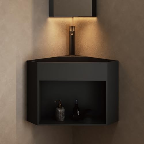 DFGHNBVC Elegante Lavabo De Esquina para Baño, Montado En La Pared, con Grifo Gris Mate, Lavabo Blanco Que Ahorra Espacio para Un Diseño Moderno Y Elegante, Negro.