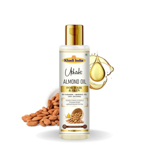 Utkrisht Khadi Pure Almond Oil for Body, Skin & Hair 100ml | Ayurvedic Herbal Oil for Glowing Skin, Soft & Shiny Hair | Non-Sticky, Paraben & Mineral Oil Free | For All Hair Types | For Men & Women