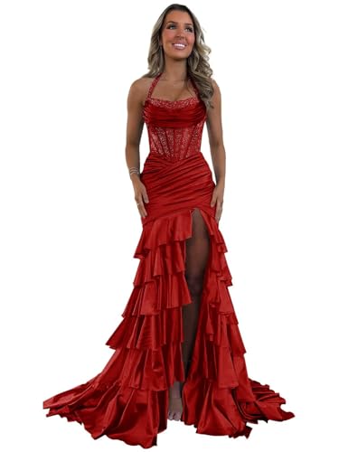Eightale Wine Red Satin Mermaid Sequin Prom Dresses Corset Long Sparkly Halter Tiered Ruffle Beaded...