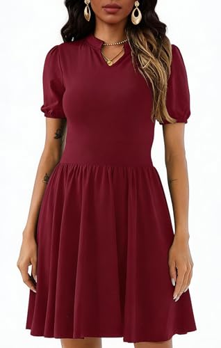 Image of Women's V Neck Summer Dress Puff Short Sleeve Flowy Stretchy Flowy Comfort Fit for Daily Wear Work Midi Casual Dresses