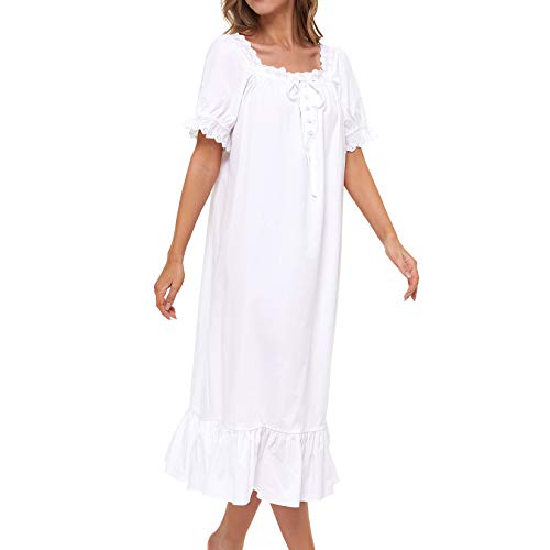 Lu's Chic Women's Victorian Nightgown Cotton Sleepwear Long Loungewear Short Sleeve Soft Nightwear Night Dress Sleep Calf Length Ruffle Nightdress Scoop Neck Lace Solid White Medium #TOP4