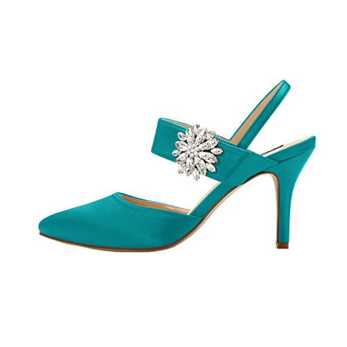Image of ERIJUNOR Mid Heel Shoes for Women Pointed Toe Slingback Rhinestone Brooch Satin Dress Pumps Evening Prom Wedding Shoes