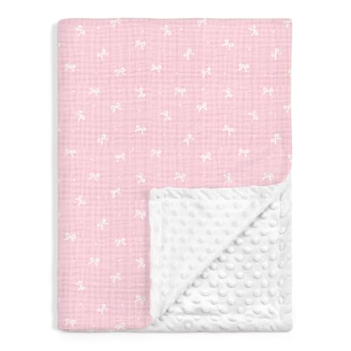 Image of SANDJEST Bow Minky Muslin & Dotted Blanket 30x40 in Gift for Holiday, Gender Reveal Party, Hospital Visit, Baptism (Pink)