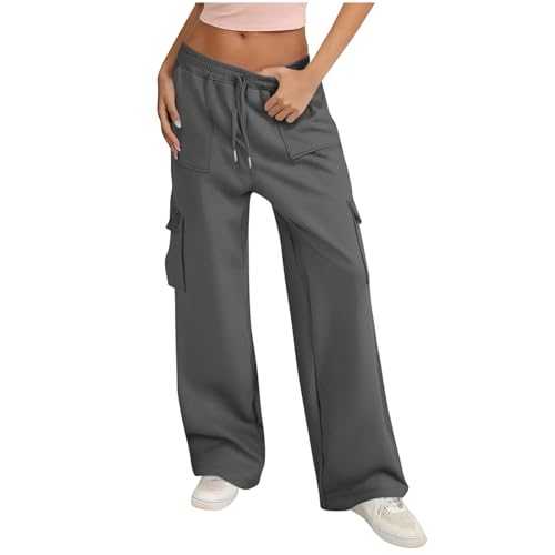 Womens Cargo Sweatpants - Oversized Fleece Wide Leg Baggy Joggers Pants, y2k Lounge Clothing, Fall Winter Fashion Dark Gray Sweatpants Women L