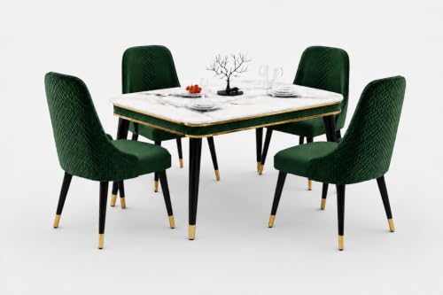Image of WOODEN SPACE Majestic 4 Seater Wooden Dining Table Set | Urban Marble Top Dining Table with Chairs for Dining Room & Kitchen (Modern Vento Dark Green) (54 x 36 x 30 inch)