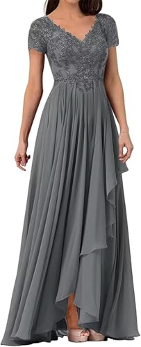 V Neck Mother of The Bride Dress Long Wedding Guests Dresses for Women Lace Appliques Chiffon Formal Evening Party Gowns Grey 16