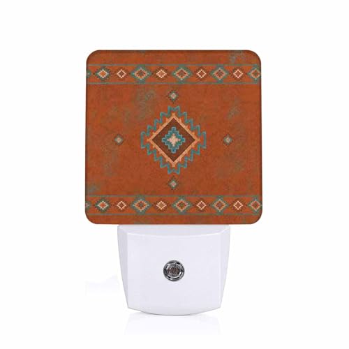Image of LED Night Light,Western Southwest Copper Turquoise Petroglyph Tribal LED Night Light Plug into Wall with Dusk to Dawn Light Sensor White Energy Efficient Nightlight for Bedroom Living Room