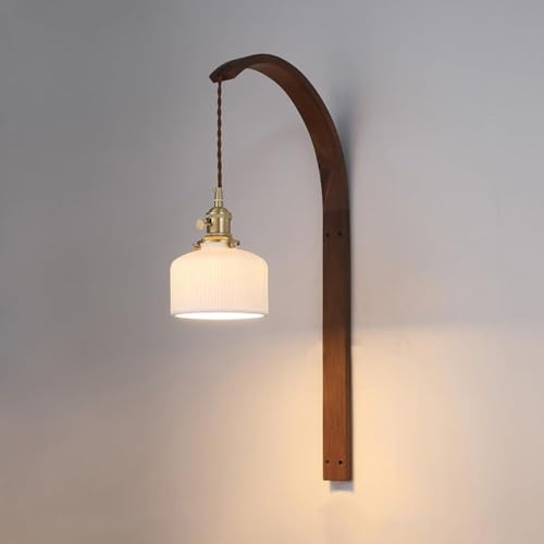 OEUBEQ Aplique de Pared Moderno de Mediados de Siglo, Aplique de Pared de Vidrio Moderno con Madera Colgante, lámpara de Pared para Pasillo, lámpara de Pared de Cuello de Cisne de cerámic