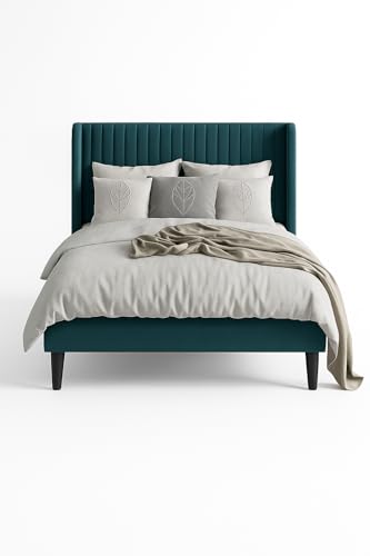 Image of Modern Upholstered Single Size Bed Without Storage | Single Size Bed for Bedroom with Headboard | Palang Furniture for Guest Room, Hotels and Home | Bottle Green, (Bottle Green)