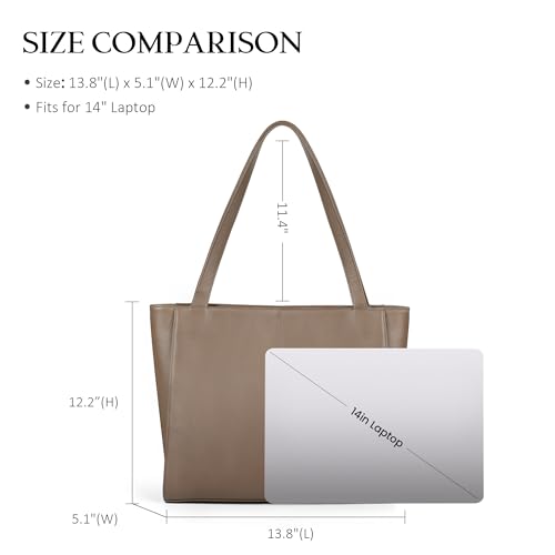 Image of befen Genuine Leather Tote Bag for Women Work Travel Leather Purse Handbags | Real Leather, Padded 14 inch Laptop Compartment, Multi-Pockets, Zipper, Tote Bag for Daily
