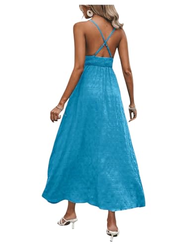 Image of Milumia Women's Summer V Neck Backless Maxi Dress Boho Spaghetti Strap A Line Flowy Beach Long Sundress