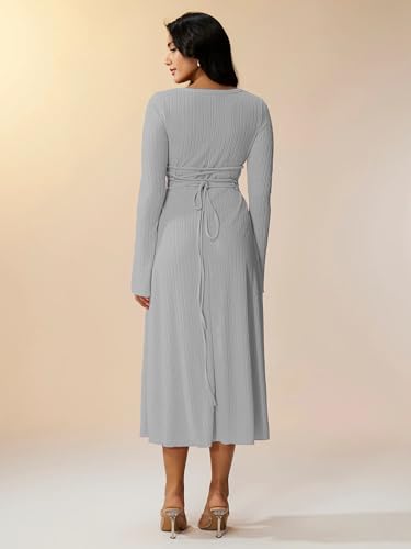 Image of Shasmi Women's Square Neck A-Line Dress - Long Sleeve, Tie Waist, Knitted Stretchable, Casual & Office Outfit, Solid Winter Midi Dress for Women (Dress 221)