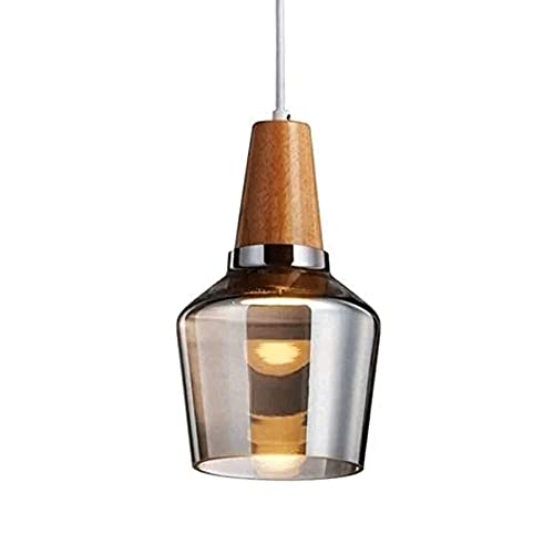 Lampe suspendue E27 en verre gris fumé et bois industriel MMRTDJDR