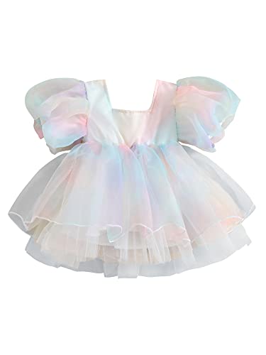 Toddler Baby Girl Summer Rainbow Puff Sleeve Tulle Dress Princess Birthday Party Pageant Tutu Dresses (Rainbow, 4-5 Years) #TOP23